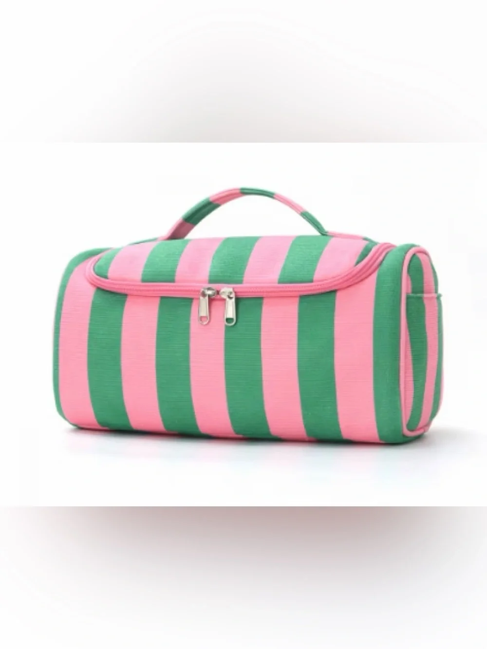 Bubblegum Pink & Green Striped Canvas Large Zip Handle Cosmetic Bag Tote Pockets